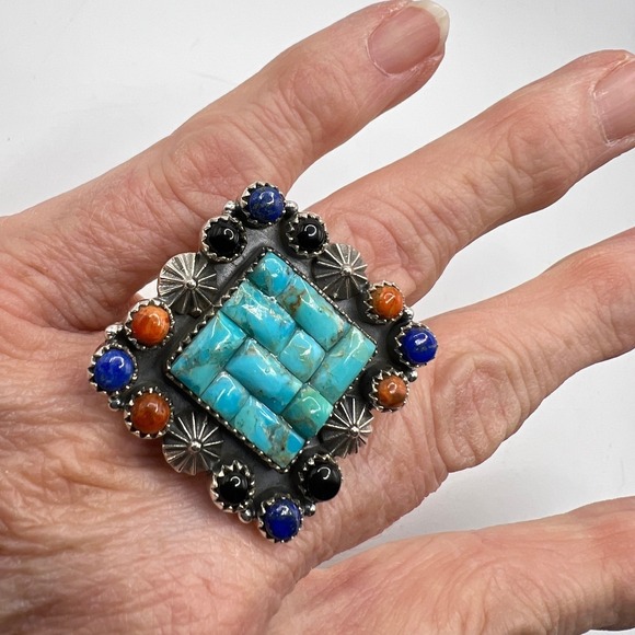 Carved Turquoise, Lapis, Onyx, Orange Mojave Sterling Silver Southwestern‎ Ring